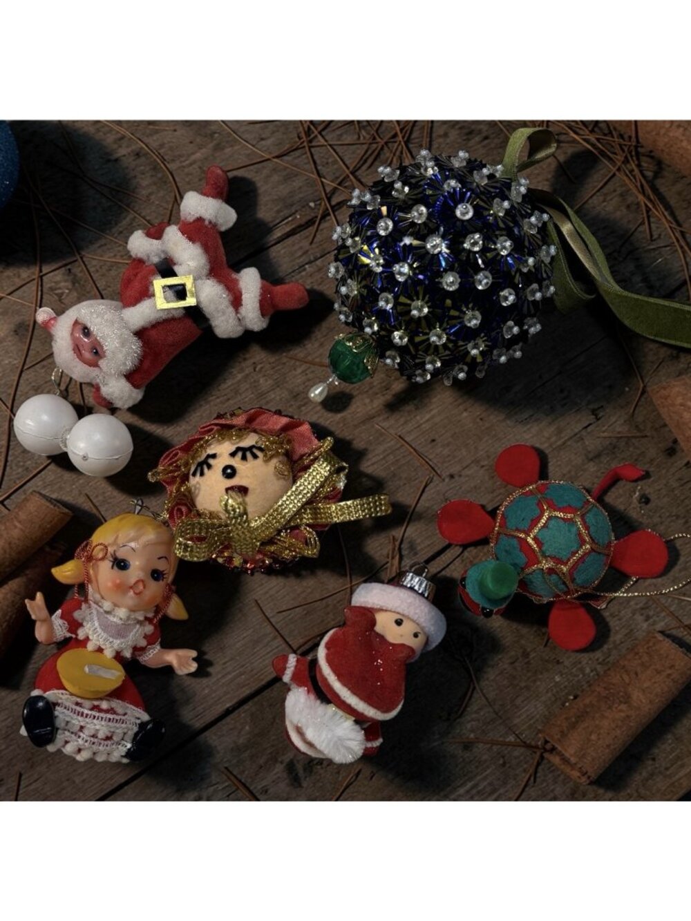 Lot 6 Vintage Christmas Ornaments 1950s Mid Century Push Pin Celluloid Santa